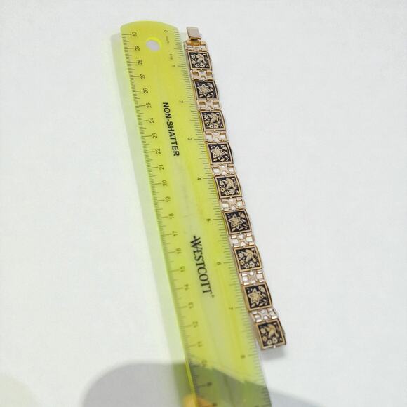 Vintage Damascene Square Link Bracelet Bird Floral Gold Black 8" Etched Spain - Picture 9 of 9